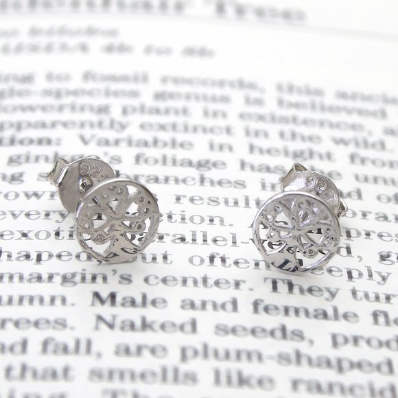 Tree Of Life Tiny Stud Earrings, Minimalist Real Sterling Silver Stamped 925 - Picture 4 of 7